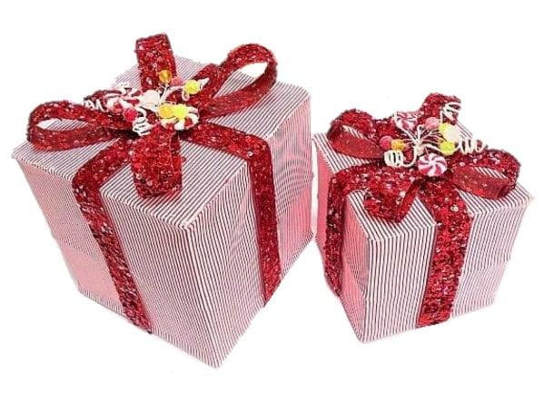 Red & White Stripe Gift Box With Sequin Bow Set Of 2