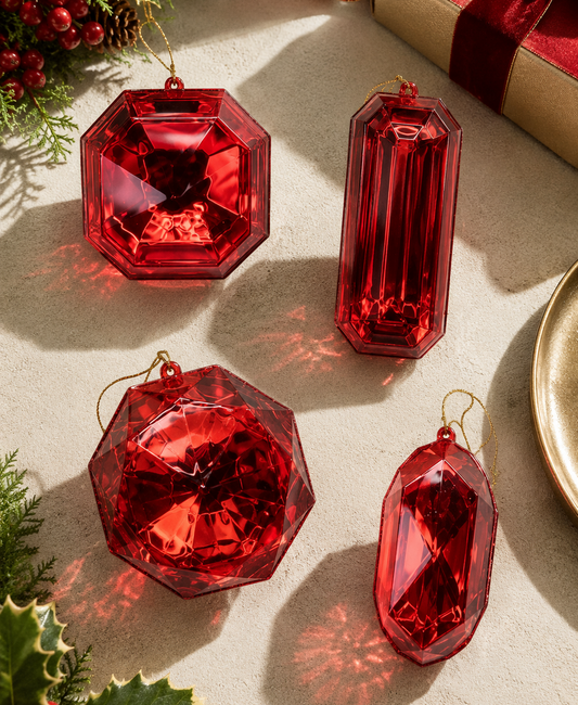 4" - 5" Red Glitter Jewel Ornament Assorted Set Of 4