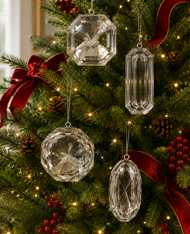 4" - 5" Silver Glitter Jewel Ornament Assorted Set Of 4