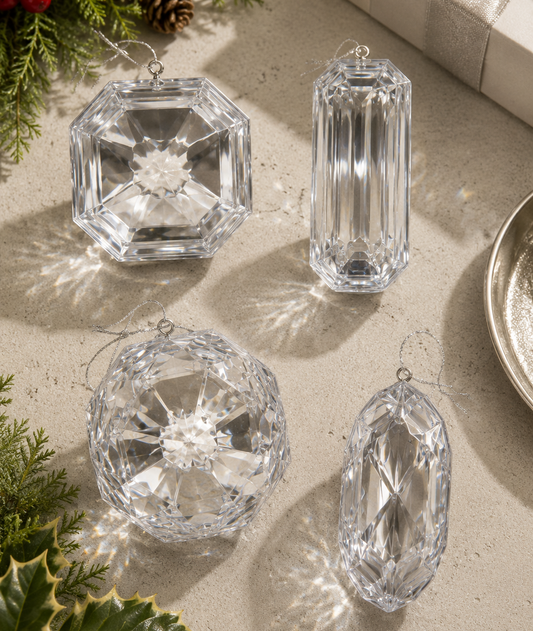 4" - 5" Silver Glitter Jewel Ornament Assorted Set Of 4