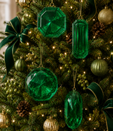 4" - 5" Green Glitter Jewel Ornament Assorted Set Of 4