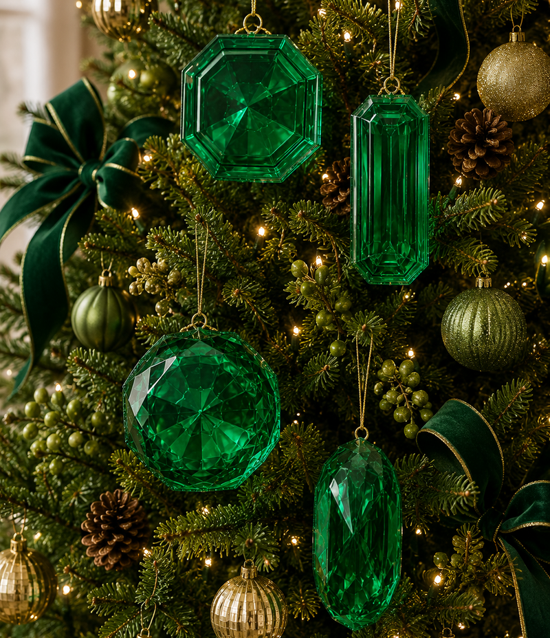 4" - 5" Green Glitter Jewel Ornament Assorted Set Of 4