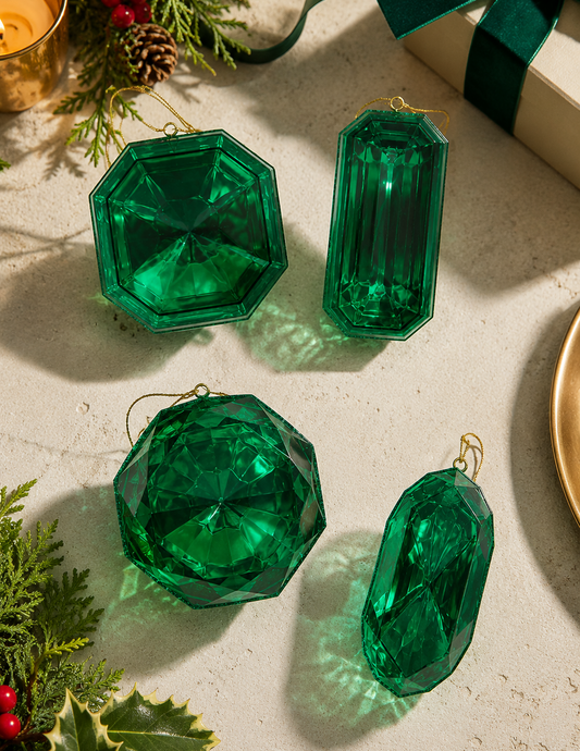 Green crystal Christmas ornaments on a textured surface with festive decorations.