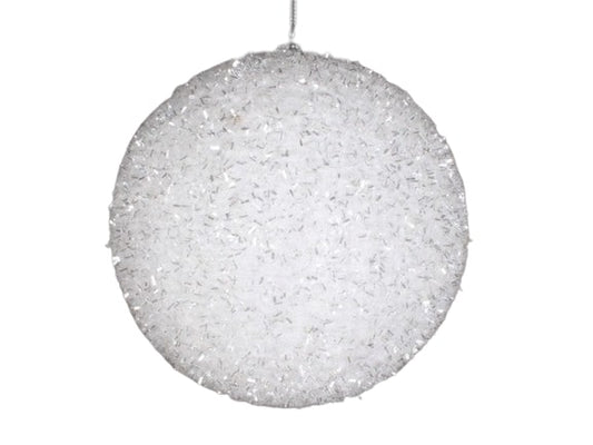 8" White & Silver Tinsel Ball Ornament Set Of 2