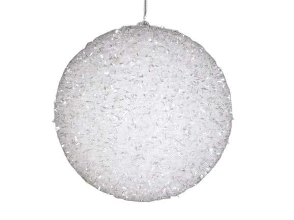 8" White & Silver Tinsel Ball Ornament Set Of 2