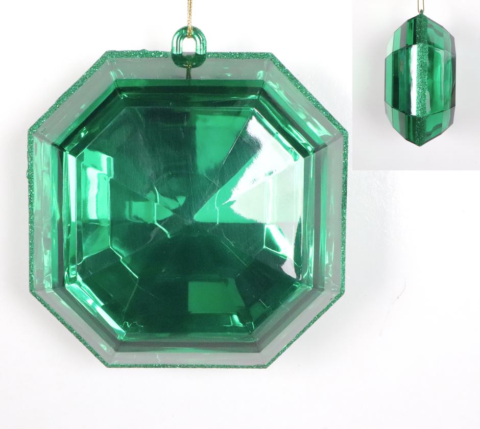 6" Clear Green Glitter Square Jewel Ornament Set Of 2