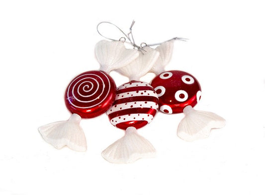 7" Red & White Flat Candy Ornament Set Of 6