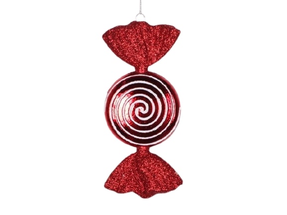 Juego de 12 adornos de caramelo brillantes de 7" con remolino rojo