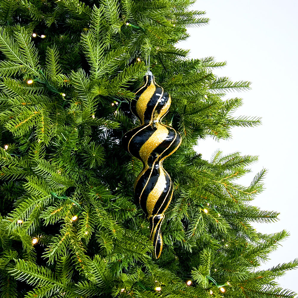 14" Black & Gold Glitter Finial Ornament Set Of 2