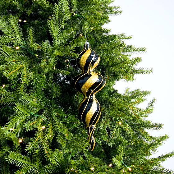 14" Black & Gold Glitter Finial Ornament Set Of 2