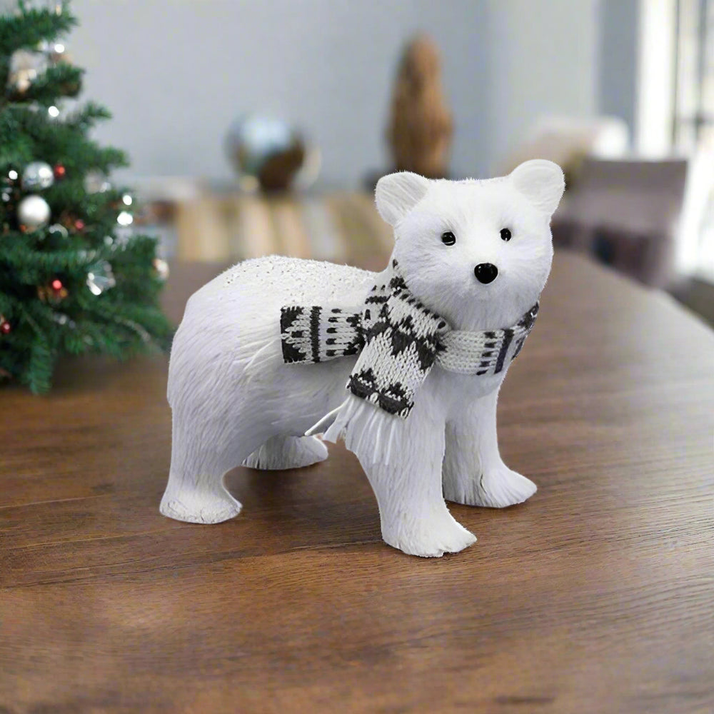 8" White Polar Bear With Grey Scarf