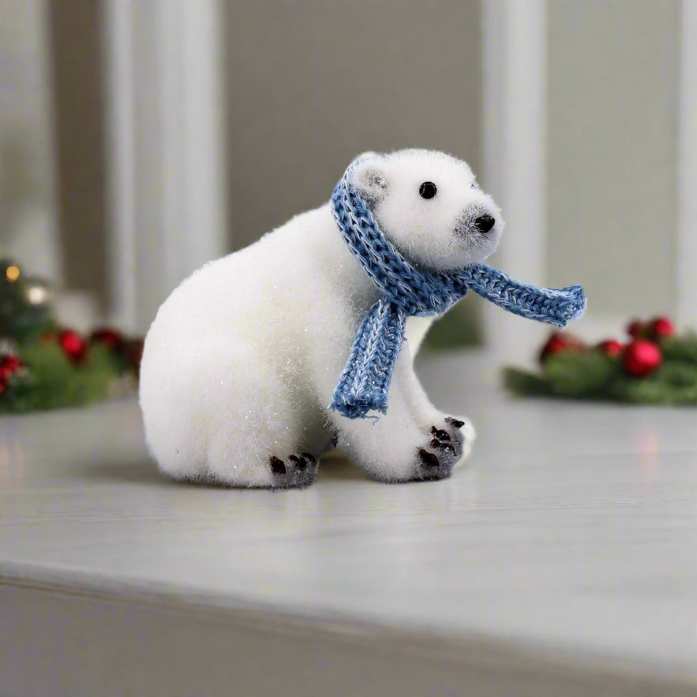 5" Sitting Polar Bear With Blue Scarf Set Of 2