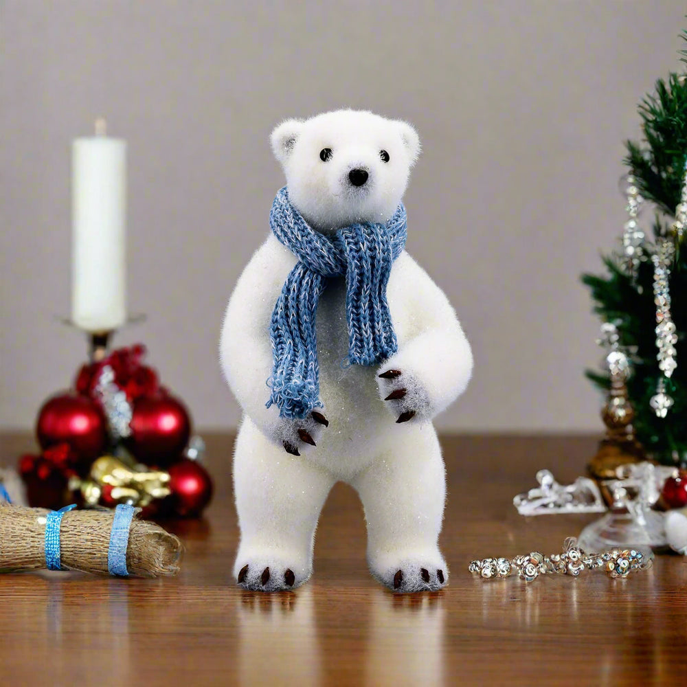 12" Standing Polar Bear With Blue Scarf