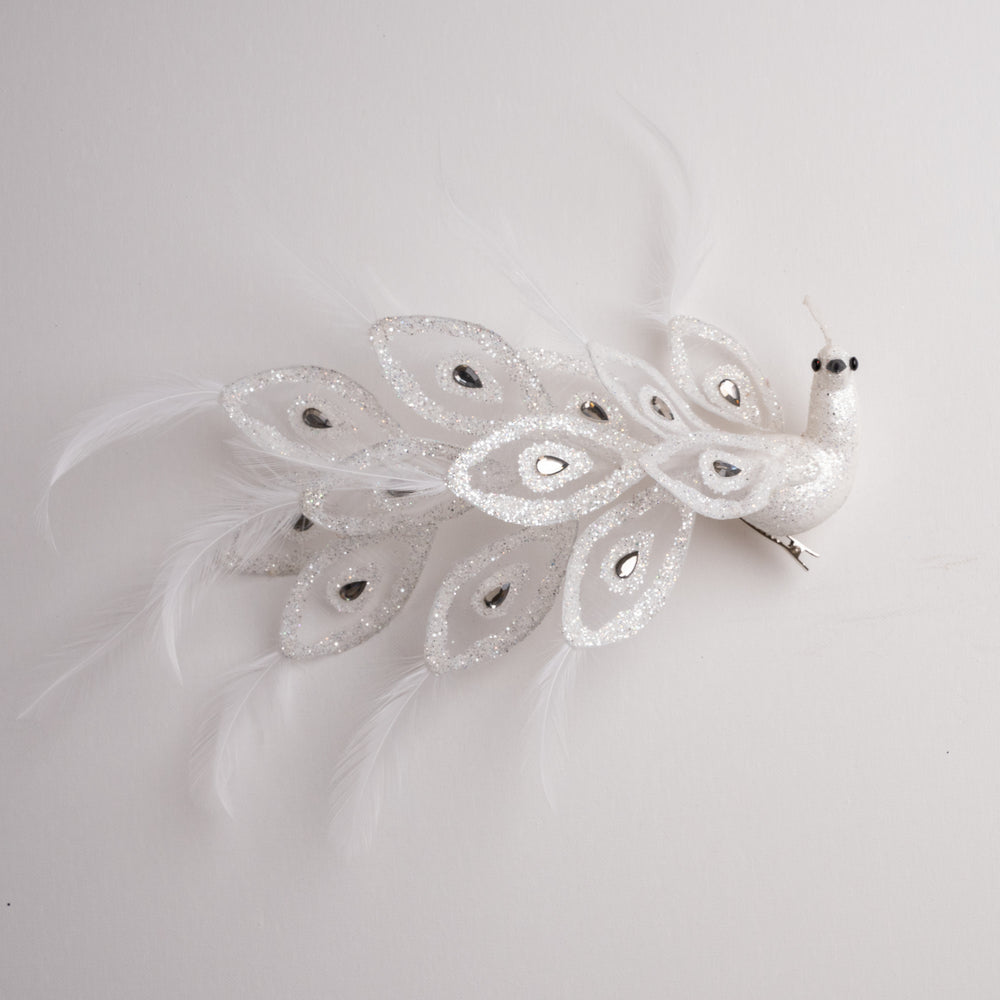 10" White Glitter Peacock Clip Set Of 2