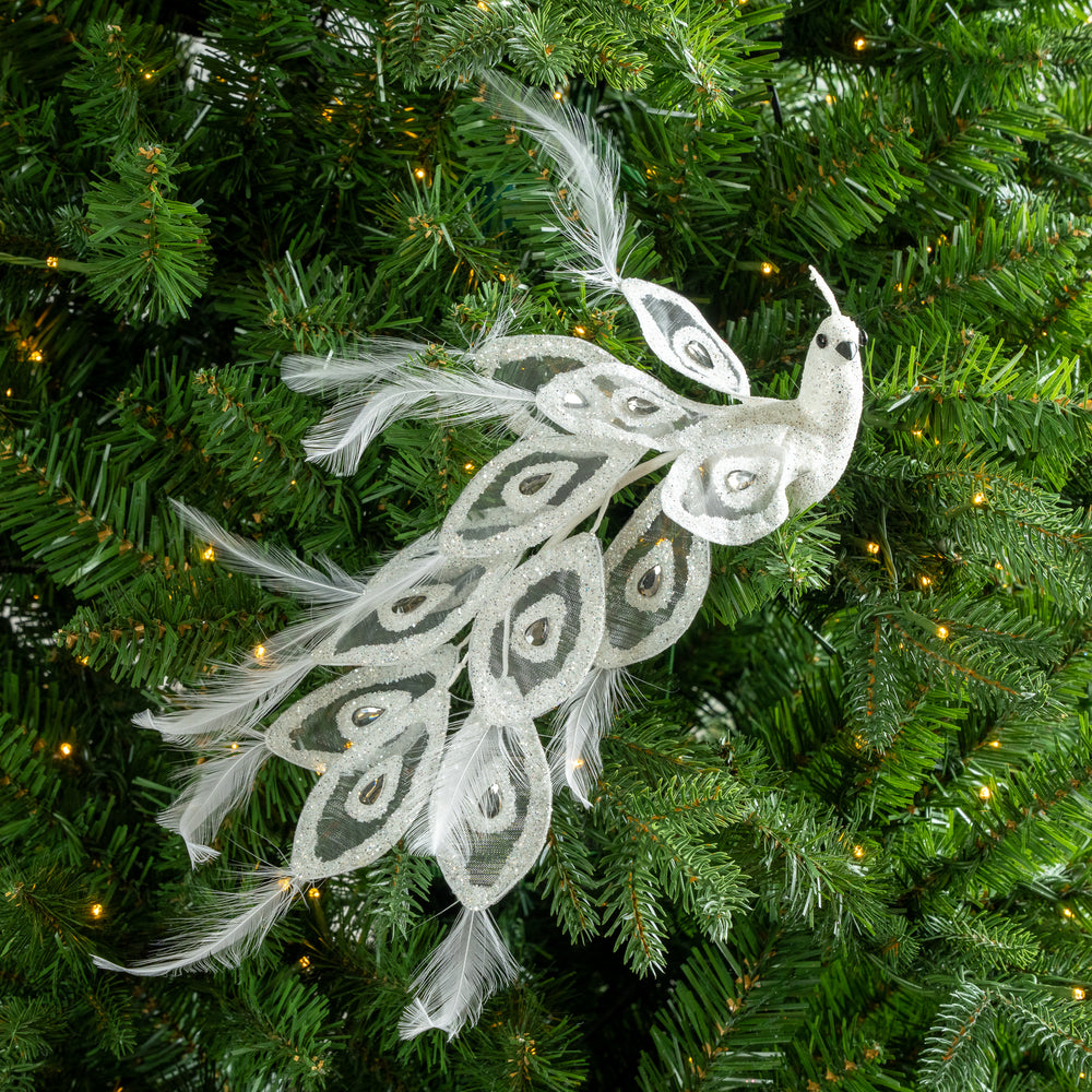 10" White Glitter Peacock Clip Set Of 2