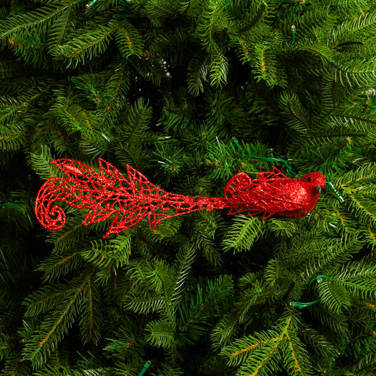 12" Red Glitter Long-Tail Bird Set Of 6