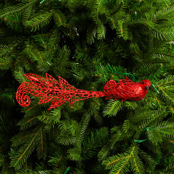 12" Red Glitter Long-Tail Bird Set Of 6