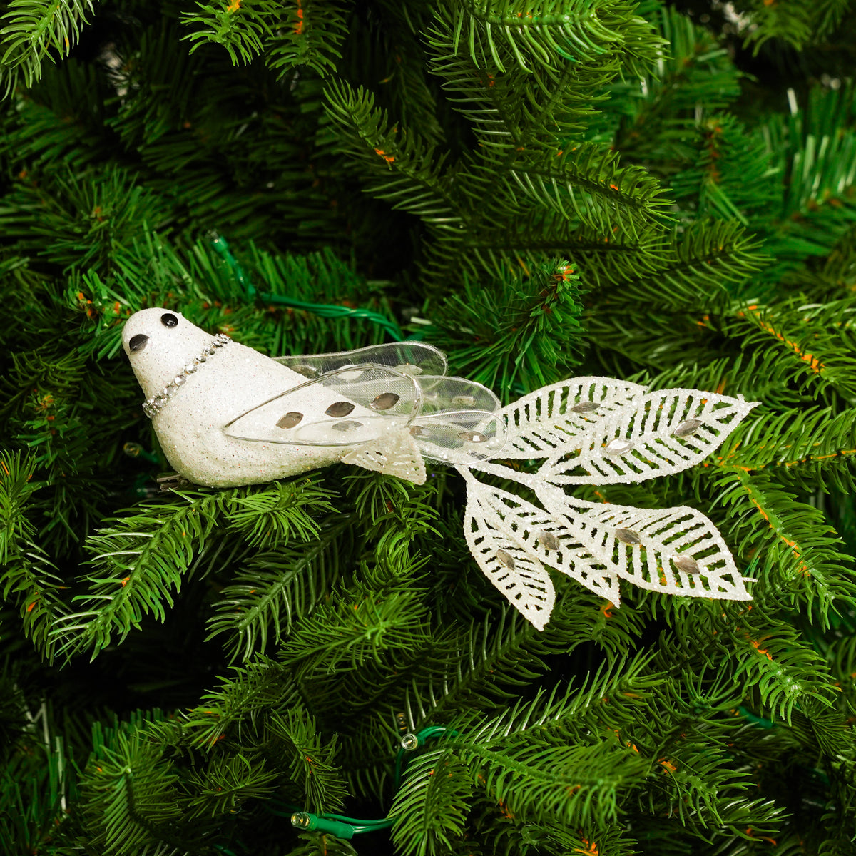 Juego de 4 pájaros de joya blancos y plateados de 8"