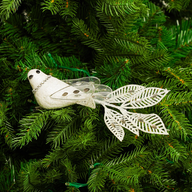 Juego de 4 pájaros de joya blancos y plateados de 8"