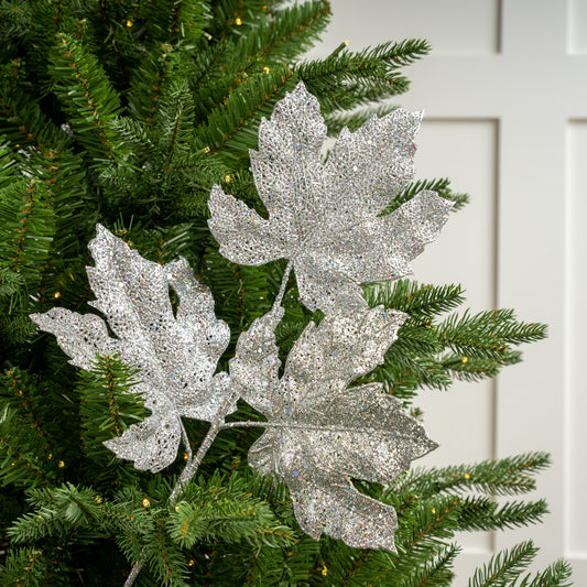 20" Silver Glitter Leaf Pick Set Of 4
