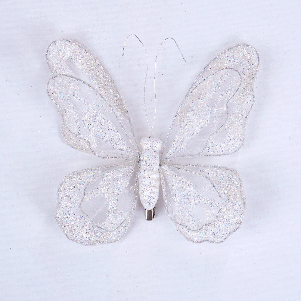 6" White Glitter Butterfly Set Of 6