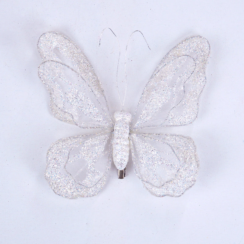 6" White Glitter Butterfly Clip Set Of 6
