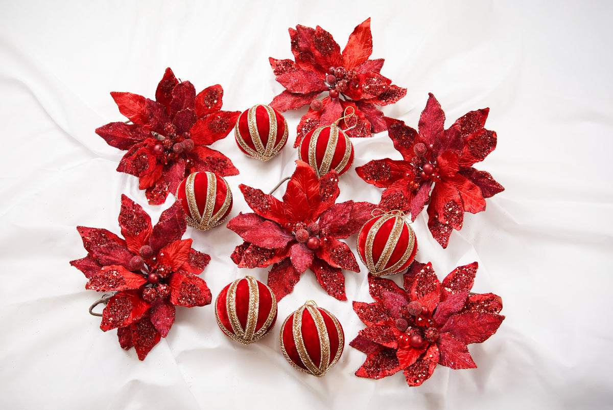 Paquete de Adornos y Flores Opulencia Oro y Rojo