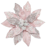 Decorative pink and silver poinsettia flower on a white background