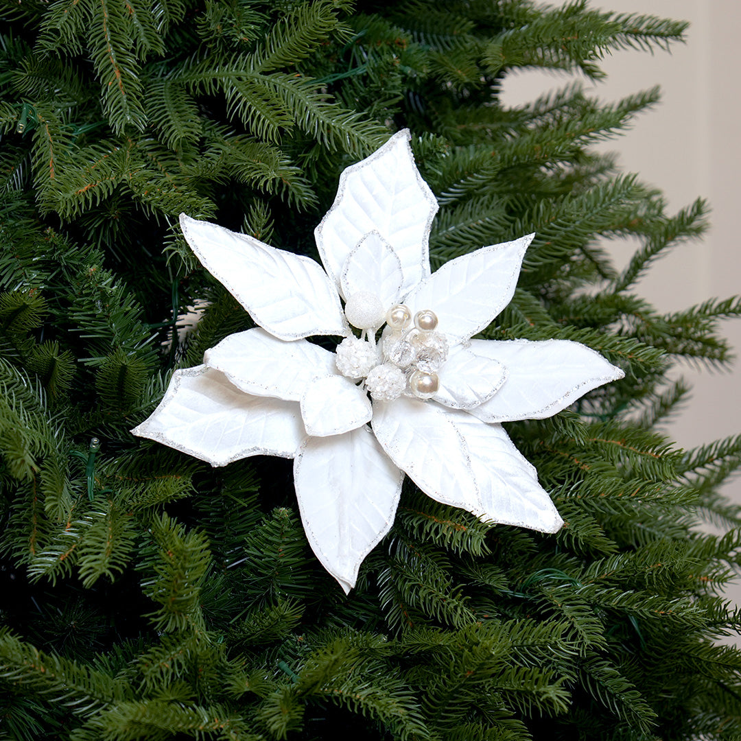 11" Icy White Velvet Poinsettia Clip Set Of 6