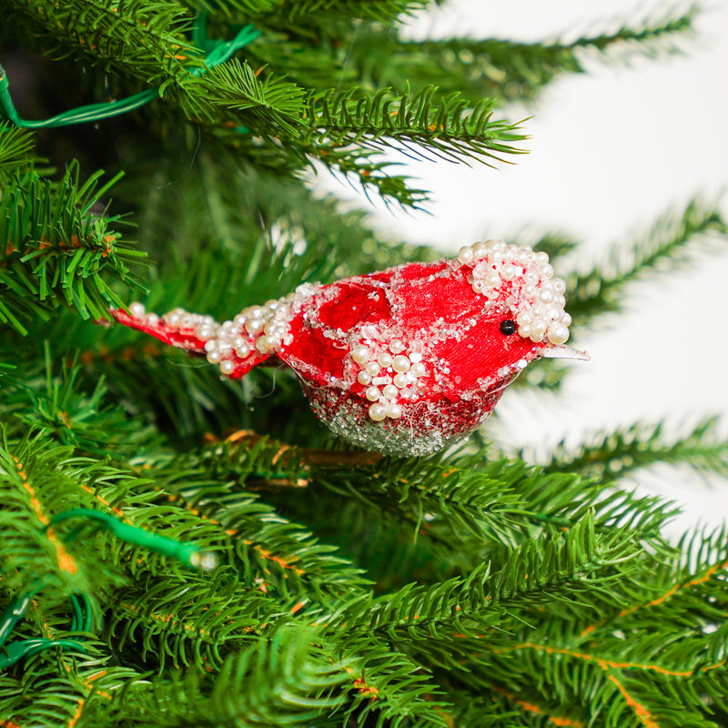 6" Snowy Red Bird Clip Set Of 6
