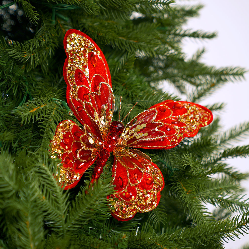 8" Red & Gold Butterfly Clip Set Of 6