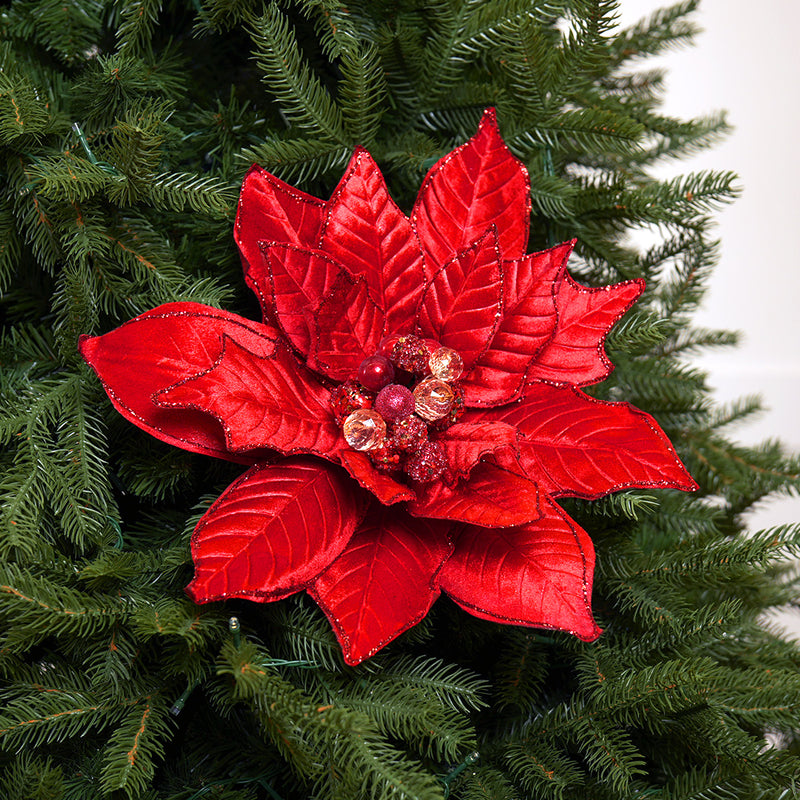 16" Red Velvet Poinsettia Stem Set Of 2