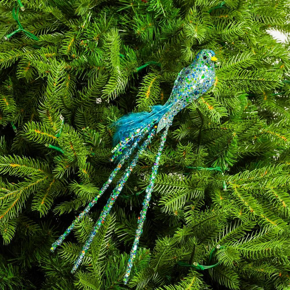 14" Blue Glitter Pearl Bird Set Of 4