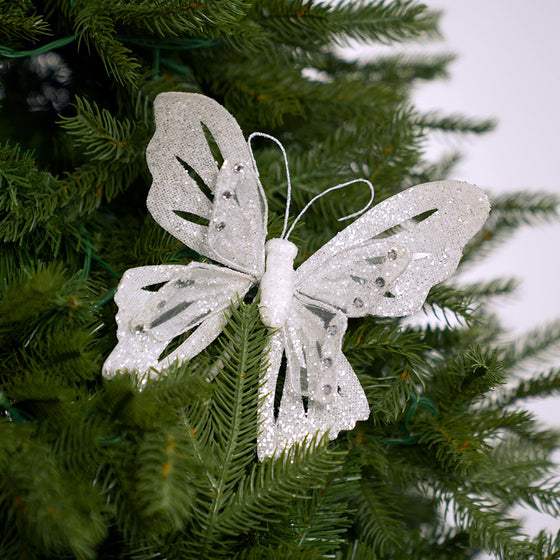 12" White Glitter Butterfly Set of 6