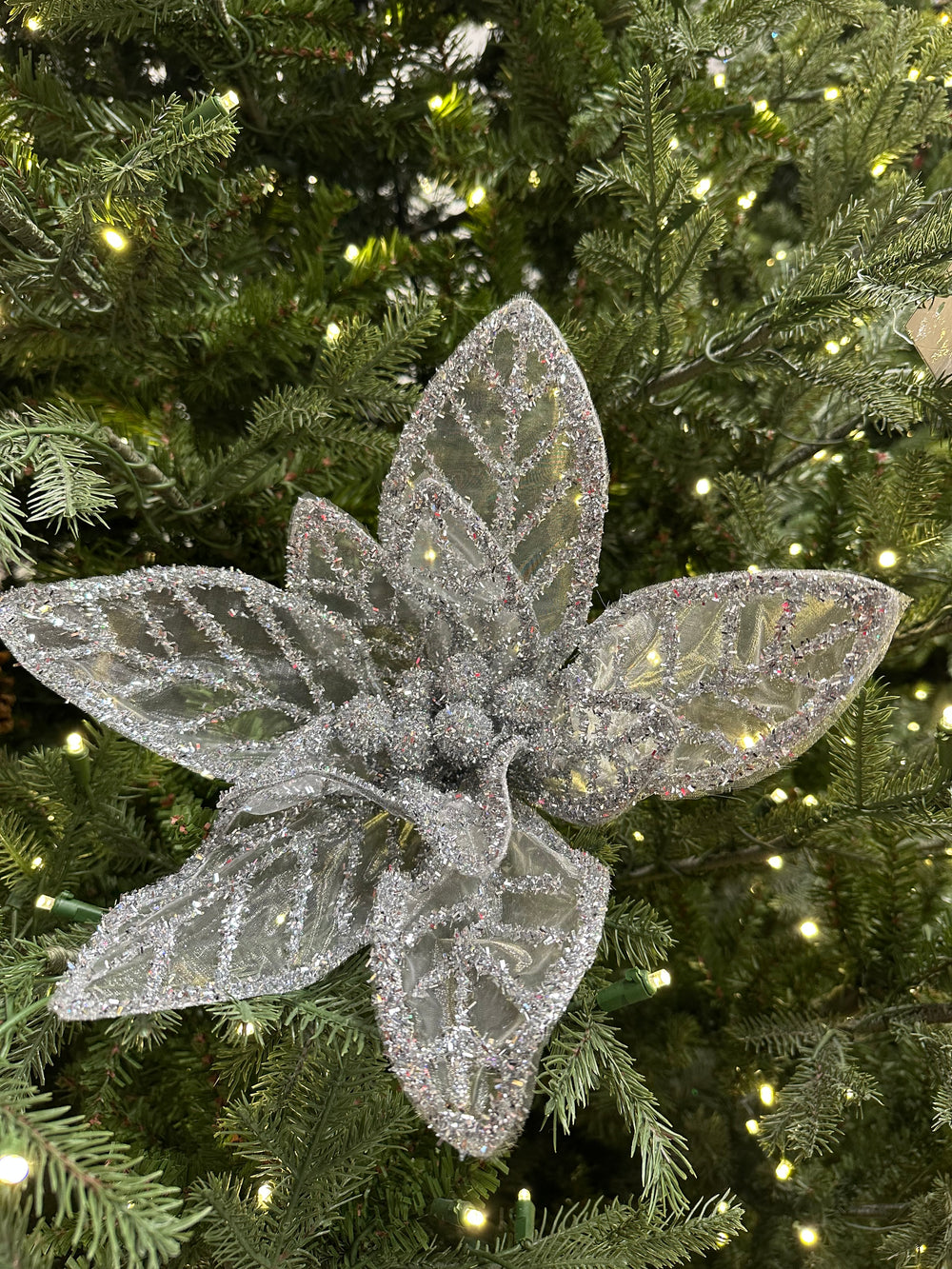 16" Silver Mesh Poinsettia Stem Set of 6