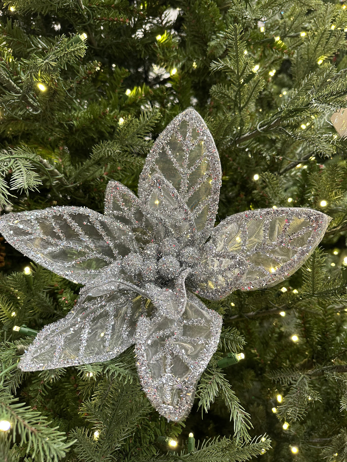 16" Silver Mesh Poinsettia Stem Set of 6