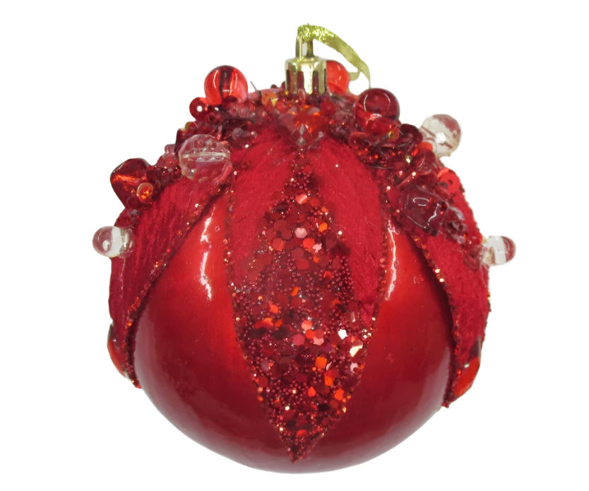 4" Red Beaded & Sequined Ornament Set Of 9