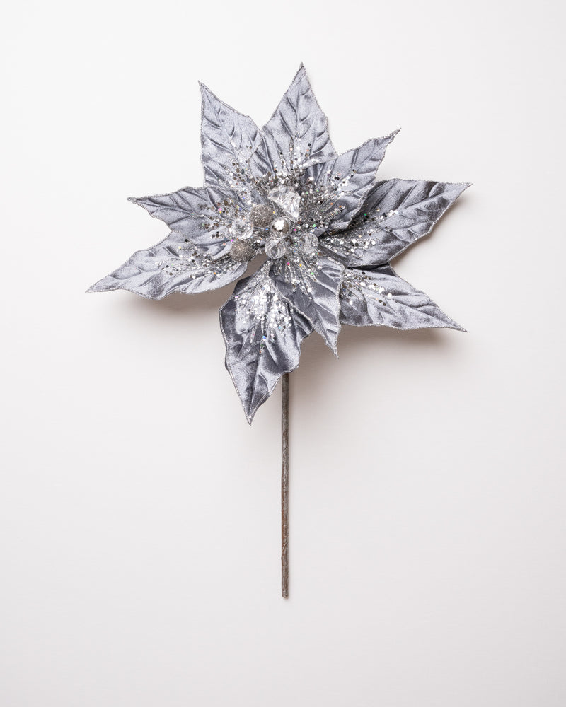 12" Pewter Glitter Velvet Poinsettia Pick Set Of 6