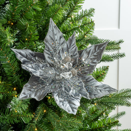 12" Pewter Glitter Velvet Poinsettia Pick Set Of 6