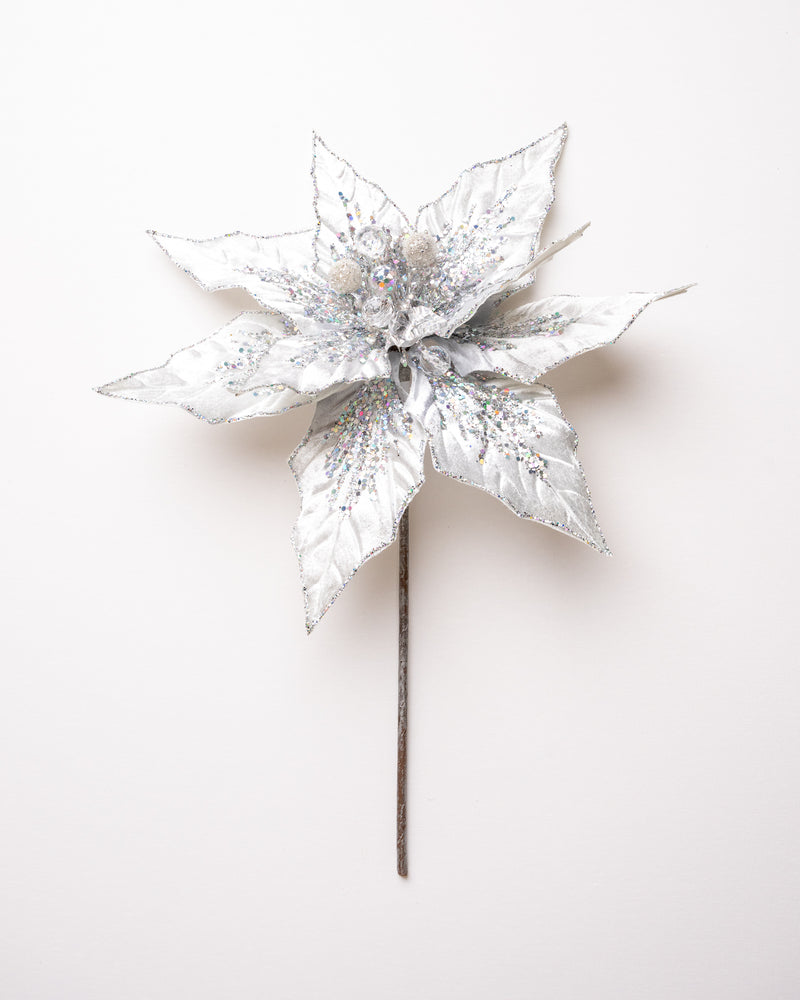 12" Pewter Glitter Velvet Poinsettia Pick Set Of 6