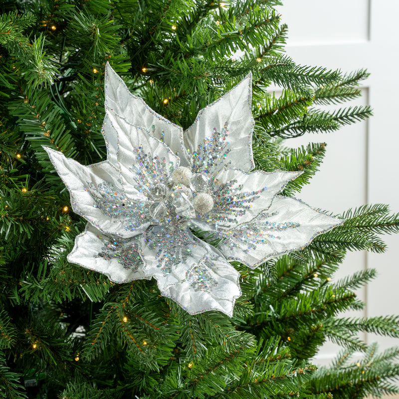 12" Pewter Glitter Velvet Poinsettia Pick Set Of 6