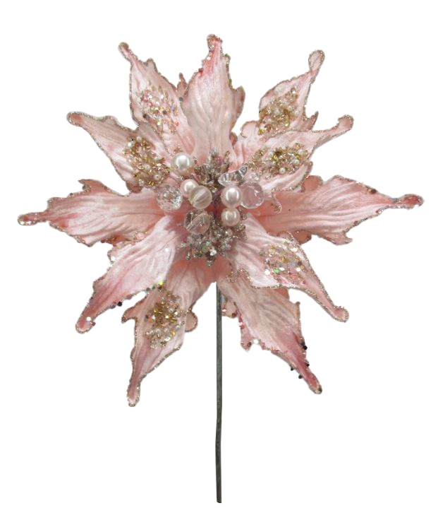 12" Pink Glitter Poinsettia Set Of 6