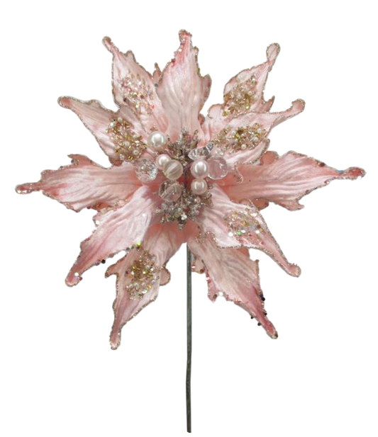 12" Pink Glitter Poinsettia Set Of 6