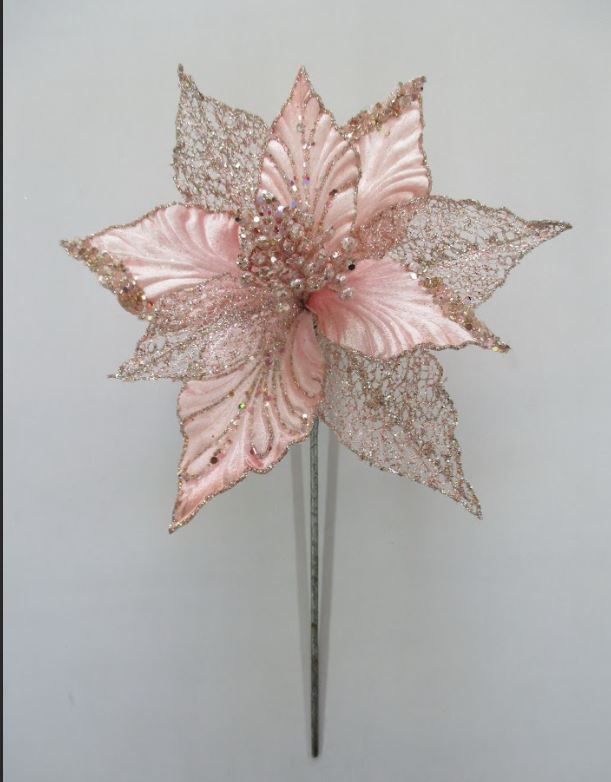 12" Pink Sequin Poinsettia Pick Set Of 6