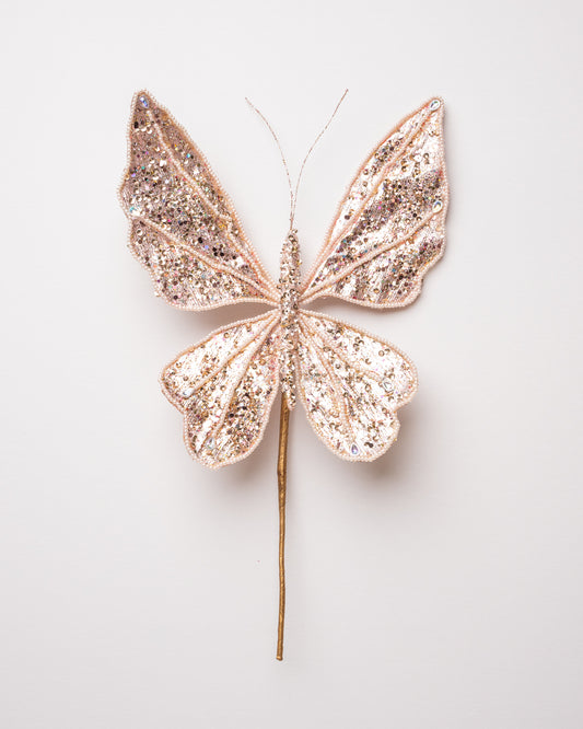9" Pink Pearl & Sequined Butterfly Pick Set Of 6