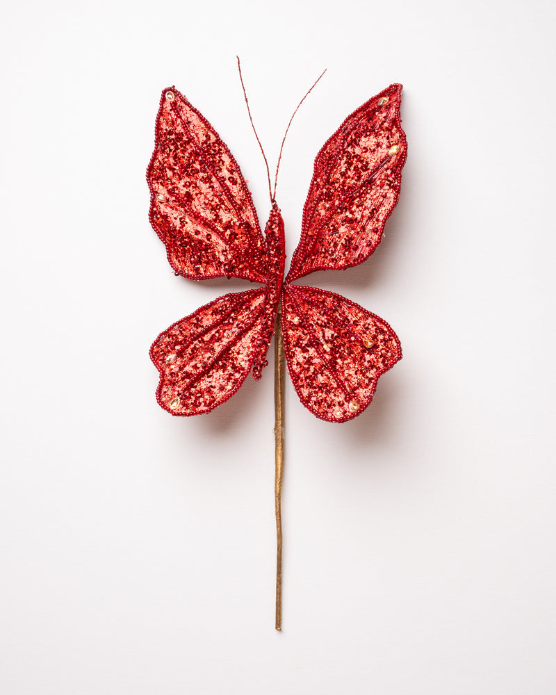 9" Red Glitter Diamond Butterfly Pick Set Of 6