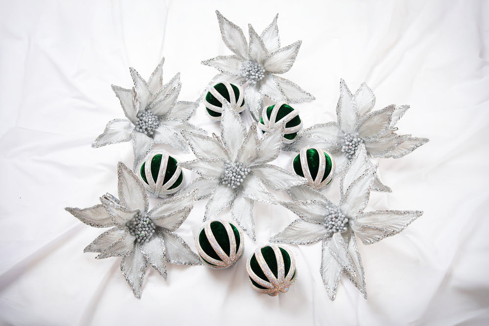 Silver & Green Opulence Ornament & Flower Bundle
