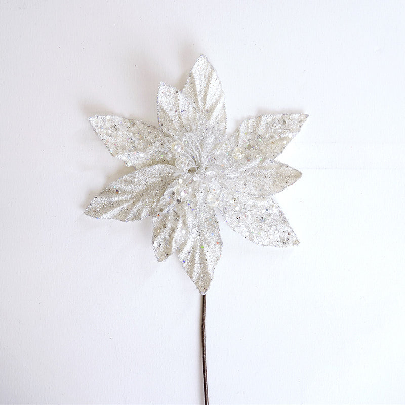 14" White Silver Poinsettia Stem Set Of 6