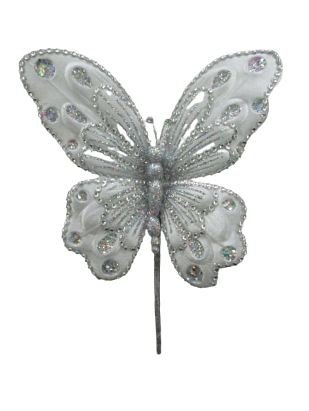 9" Silver Glitter Butterfly Pick Set Of 6