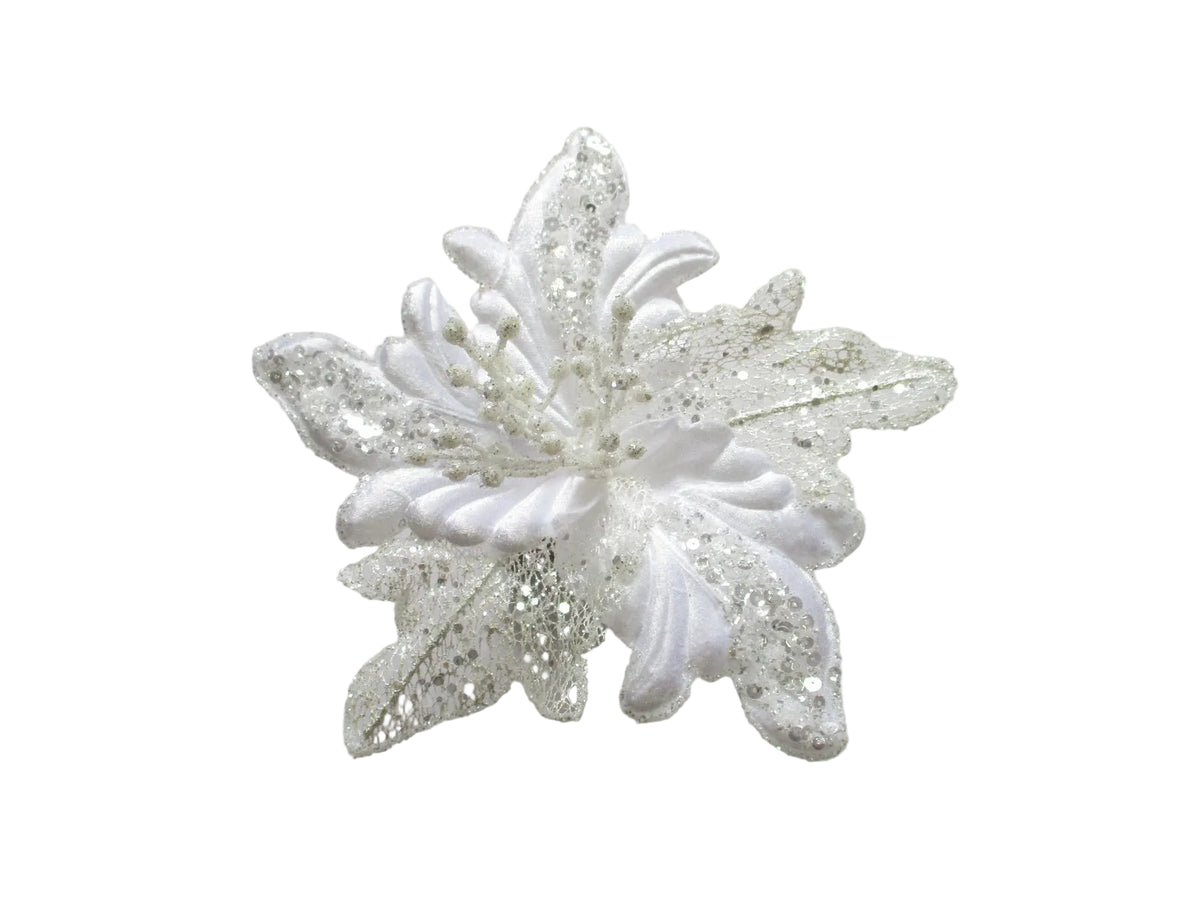 10" White Net Poinsettia Flower Clip Set Of 6